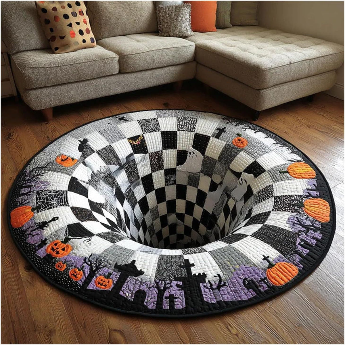 Halloween 3D Bottomless Illusion Rug Skeleton Pit Non-Slip Crystal Velvet Mat