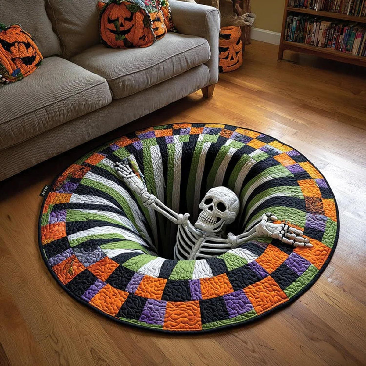 Halloween 3D Bottomless Illusion Rug Skeleton Pit Non-Slip Crystal Velvet Mat