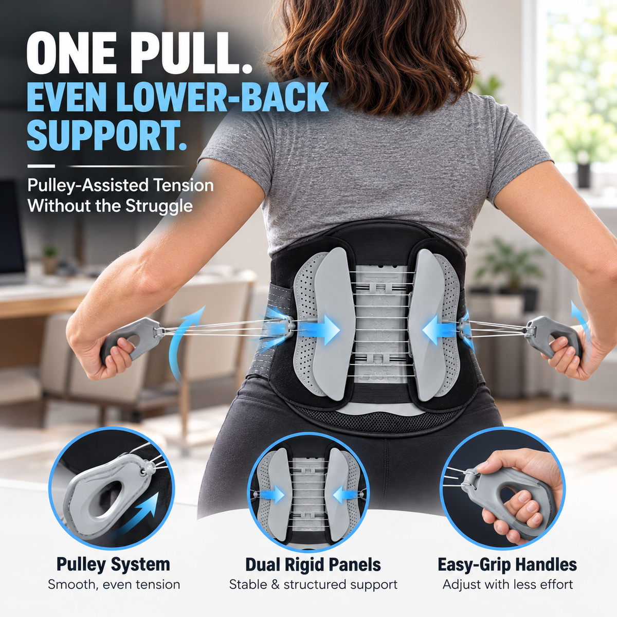 Pulley Lumbar Support Brace Adjustable Lower Back Support with Dual Rigid Panels