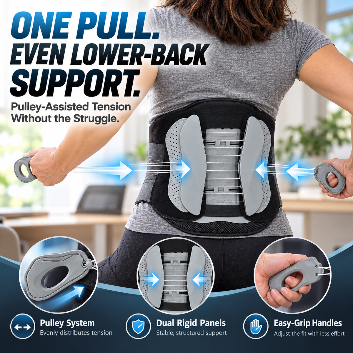 Pulley Lumbar Support Brace Adjustable Lower Back Support with Dual Rigid Panels
