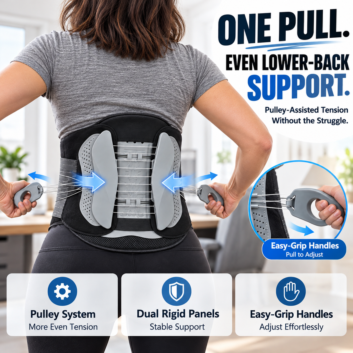 Pulley Lumbar Support Brace Adjustable Lower Back Support with Dual Rigid Panels