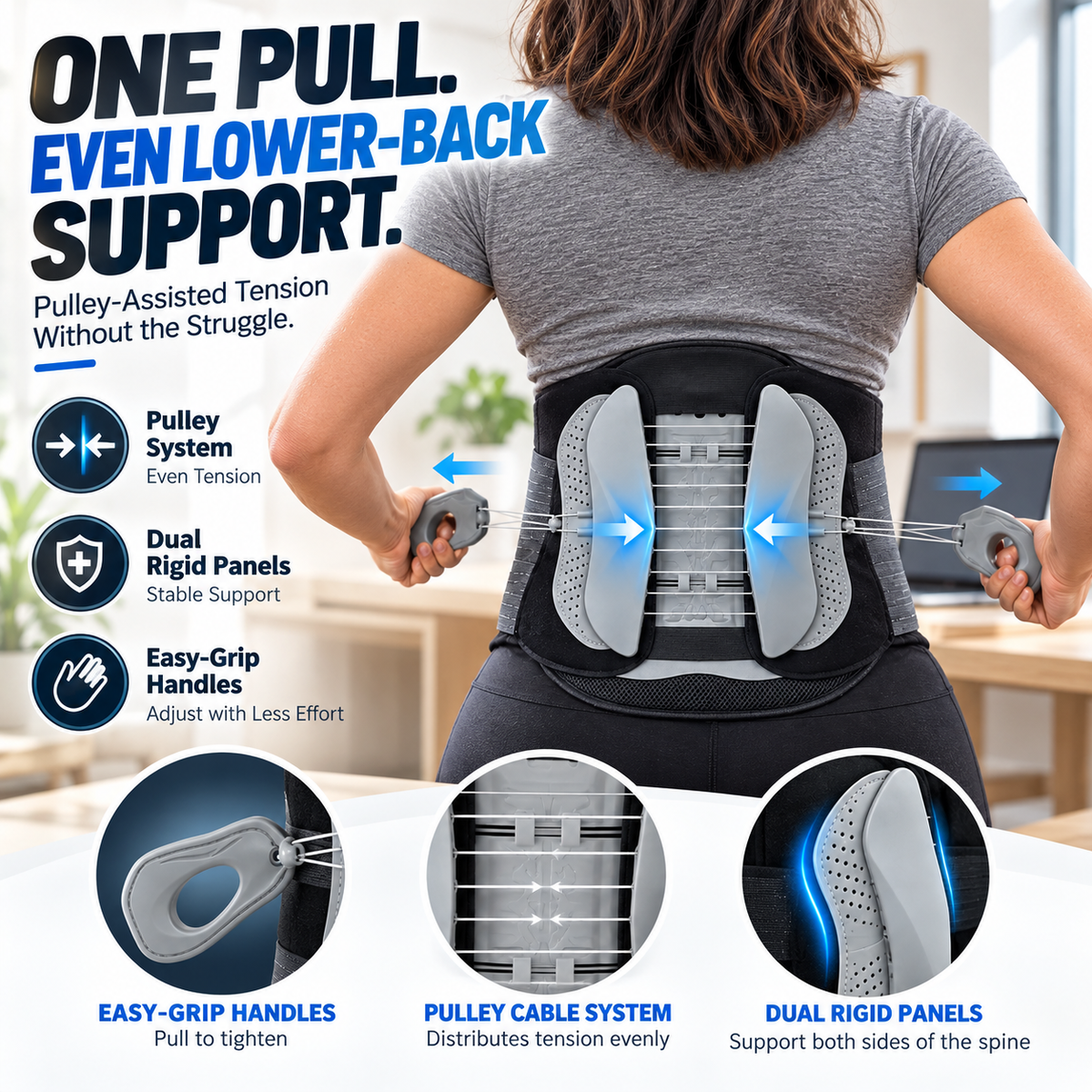 Pulley Lumbar Support Brace Adjustable Lower Back Support with Dual Rigid Panels