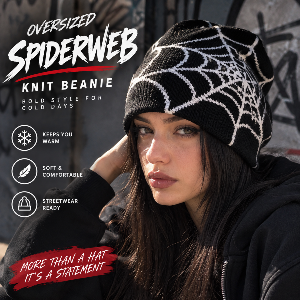 Oversized Spiderweb Knit Beanie Bold Contrast Streetwear Winter Hat