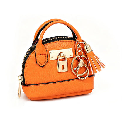 Mini Shell Bag Keychain PU Leather Lipstick Coin Purse with Golden Padlock & Tassel