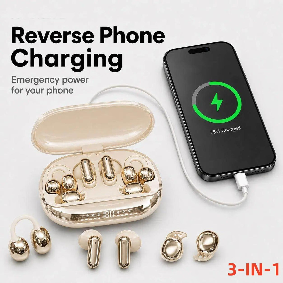 GT699S Bluetooth Wireless Earbuds with Chargeable Power Bank Case, 6 Earbuds, Clip-On Design, Noise Cancellation