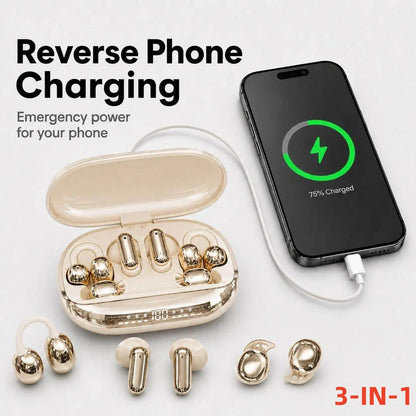 GT699S Bluetooth Wireless Earbuds with Chargeable Power Bank Case, 6 Earbuds, Clip-On Design, Noise Cancellation