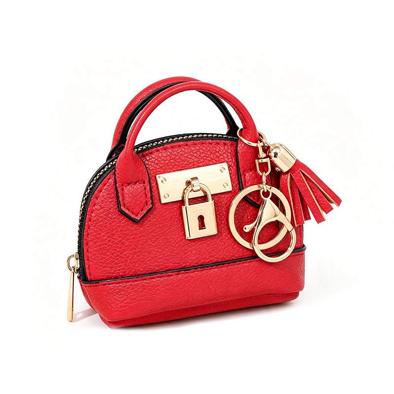 Mini Shell Bag Keychain PU Leather Lipstick Coin Purse with Golden Padlock & Tassel