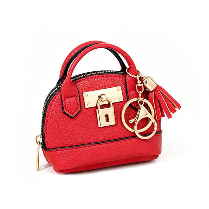 Mini Shell Bag Keychain PU Leather Lipstick Coin Purse with Golden Padlock & Tassel