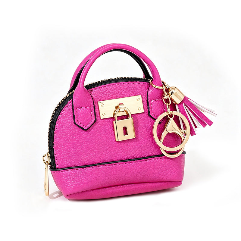 Mini Shell Bag Keychain PU Leather Lipstick Coin Purse with Golden Padlock & Tassel