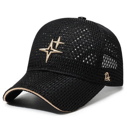 Full-Mesh Baseball Cap with Gold Star Embroidery Breathable Summer Hat, 6 Colors
