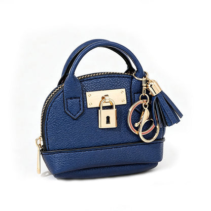 Mini Shell Bag Keychain PU Leather Lipstick Coin Purse with Golden Padlock & Tassel