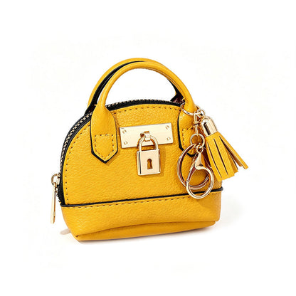 Mini Shell Bag Keychain PU Leather Lipstick Coin Purse with Golden Padlock & Tassel