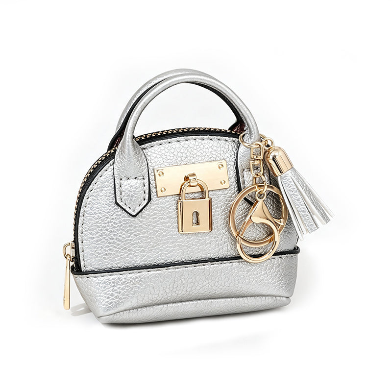 Mini Shell Bag Keychain PU Leather Lipstick Coin Purse with Golden Padlock & Tassel