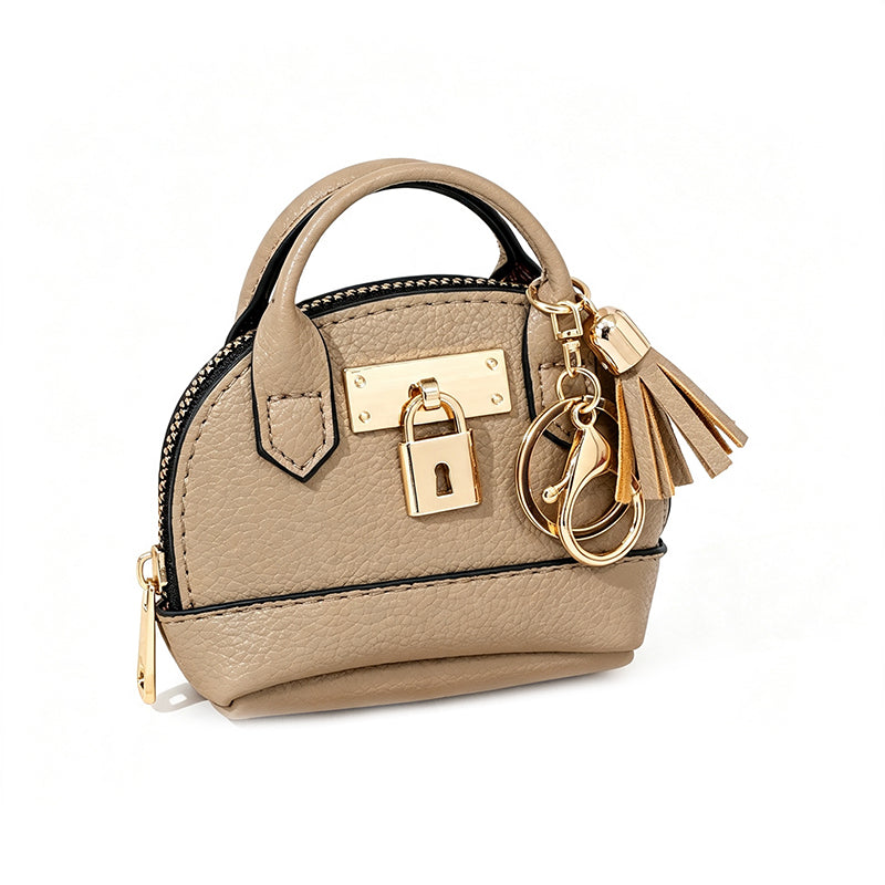 Mini Shell Bag Keychain PU Leather Lipstick Coin Purse with Golden Padlock & Tassel