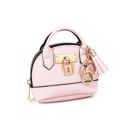 Mini Shell Bag Keychain PU Leather Lipstick Coin Purse with Golden Padlock & Tassel