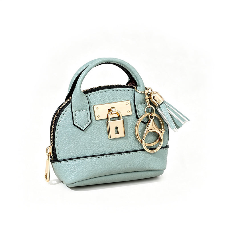 Mini Shell Bag Keychain PU Leather Lipstick Coin Purse with Golden Padlock & Tassel