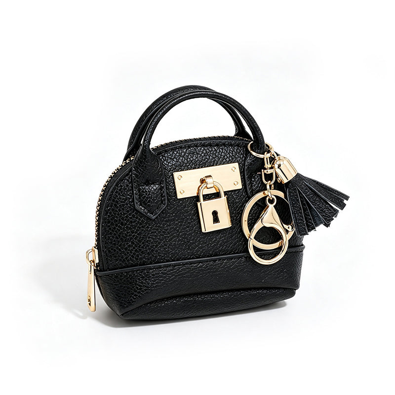 Mini Shell Bag Keychain PU Leather Lipstick Coin Purse with Golden Padlock & Tassel
