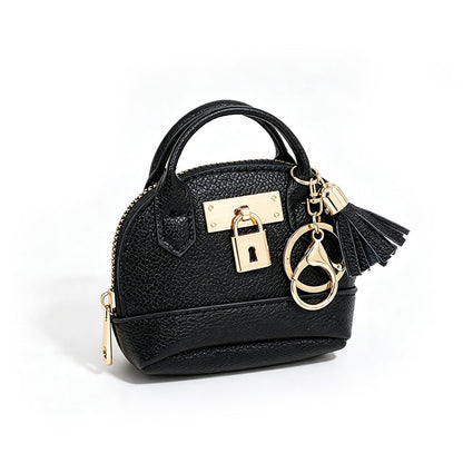 Mini Shell Bag Keychain PU Leather Lipstick Coin Purse with Golden Padlock & Tassel