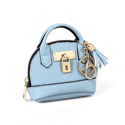 Mini Shell Bag Keychain PU Leather Lipstick Coin Purse with Golden Padlock & Tassel