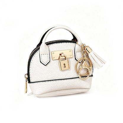 Mini Shell Bag Keychain PU Leather Lipstick Coin Purse with Golden Padlock & Tassel