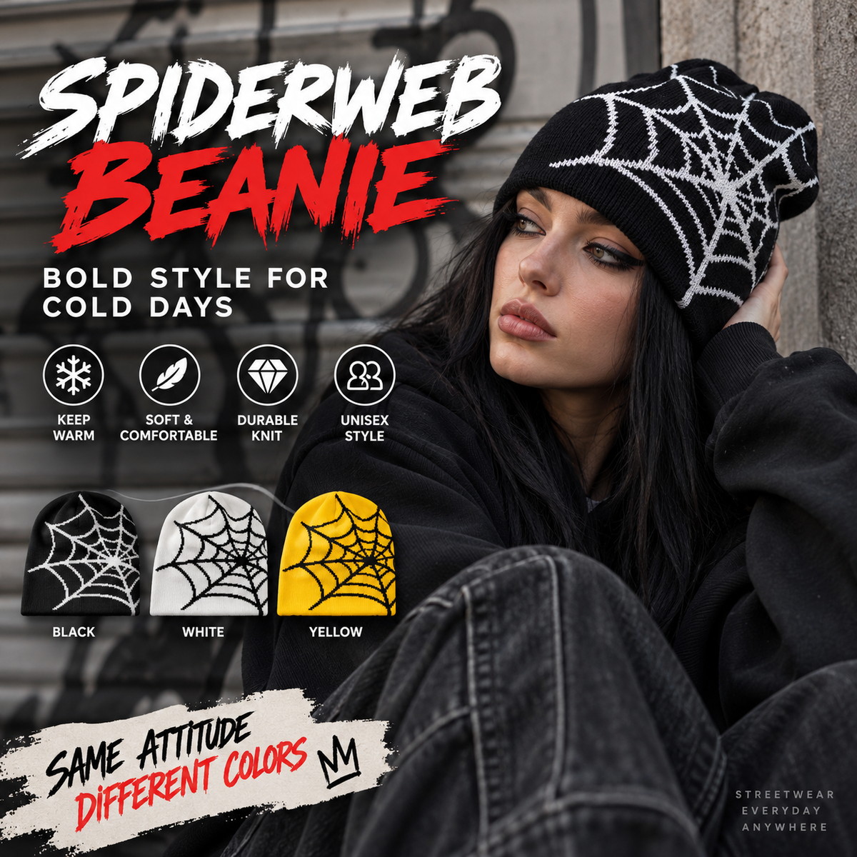 Oversized Spiderweb Knit Beanie Bold Contrast Streetwear Winter Hat