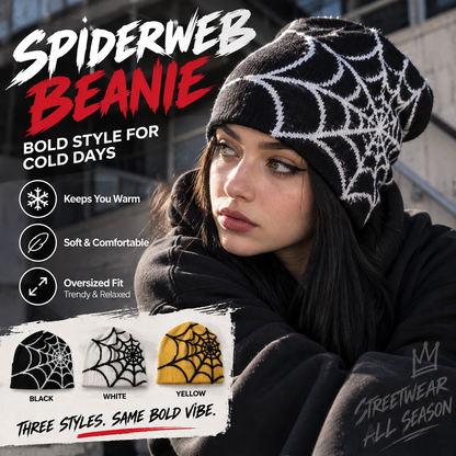Oversized Spiderweb Knit Beanie Bold Contrast Streetwear Winter Hat