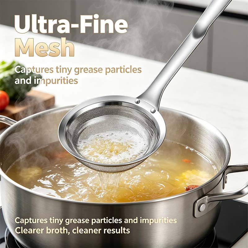 2-Piece Stainless Steel Fine Mesh Skimmer Spoons, Multi-Size Pot Fat Skimmers