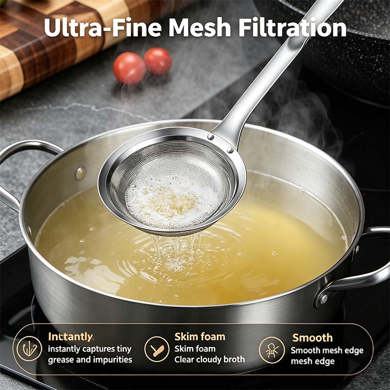 2-Piece Stainless Steel Fine Mesh Skimmer Spoons, Multi-Size Pot Fat Skimmers