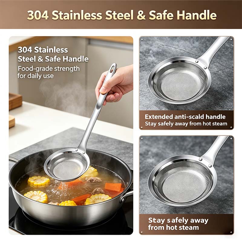 2-Piece Stainless Steel Fine Mesh Skimmer Spoons, Multi-Size Pot Fat Skimmers