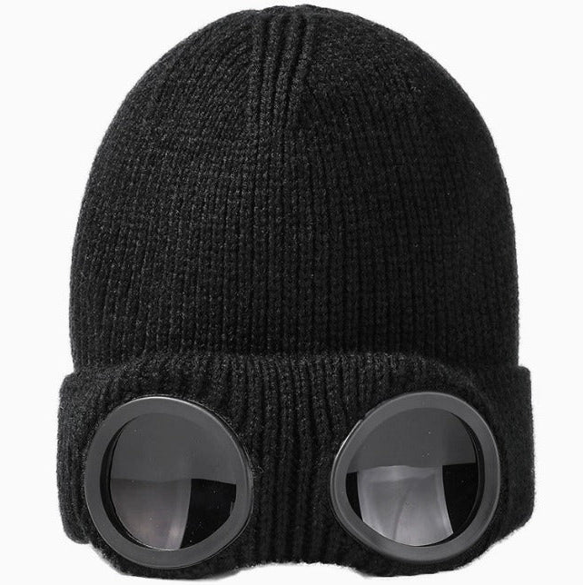 Goggle Beanie Winter Hat Funny Knit Pull-Down Hat with Built-In Lenses