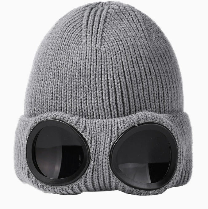 Goggle Beanie Winter Hat Funny Knit Pull-Down Hat with Built-In Lenses