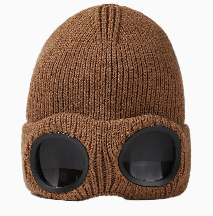 Goggle Beanie Winter Hat Funny Knit Pull-Down Hat with Built-In Lenses