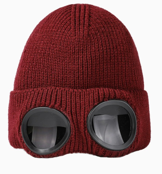 Goggle Beanie Winter Hat Funny Knit Pull-Down Hat with Built-In Lenses