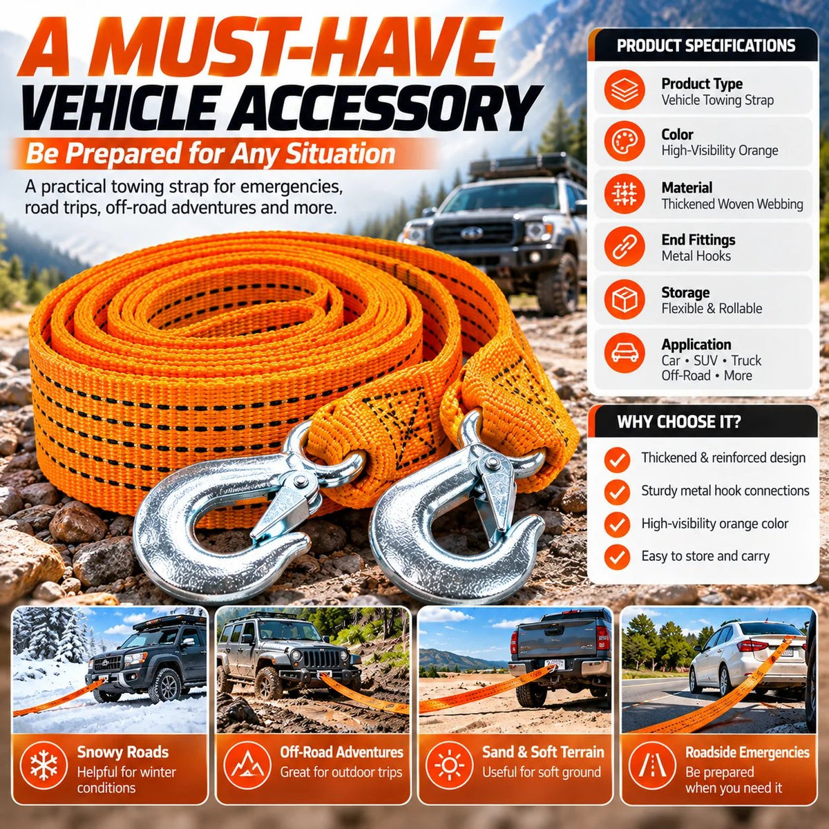 Heavy-Duty Tow Strap with Metal Hooks Thickened High-Strength Vehicle Towing Rope