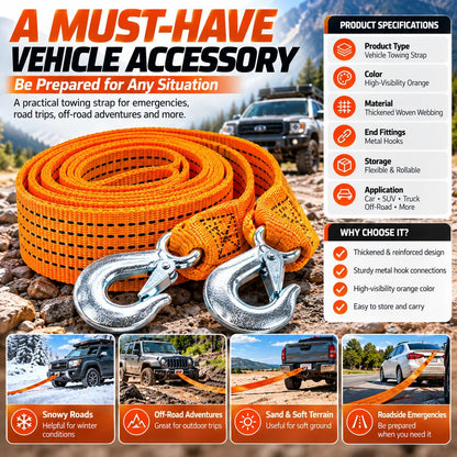 Heavy-Duty Tow Strap with Metal Hooks Thickened High-Strength Vehicle Towing Rope