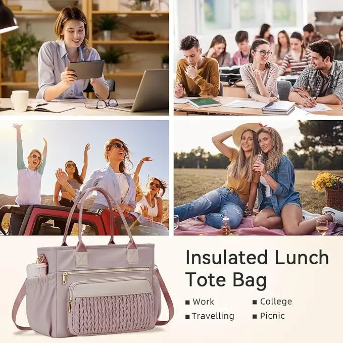 Stylish Insulated Lunch Tote Bag for Women Leakproof Cooler Bag with Multiple Pockets & Adjustable Shoulder Strap
