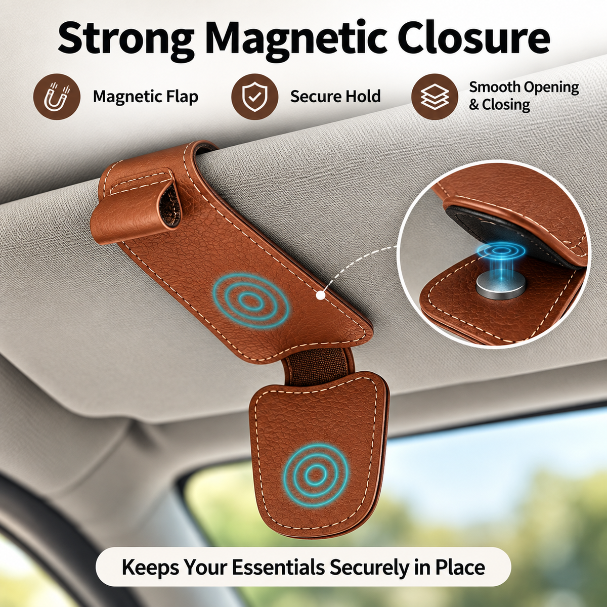 Magnetic Sun Visor Organizer Leather Sunglasses, Card & Ticket Holder