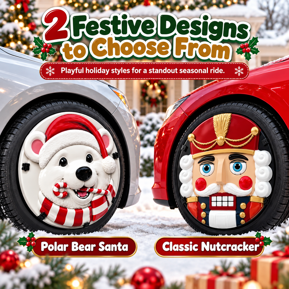 Christmas 3D Wheel Covers Festive Polar Bear & Nutcracker Car Decor