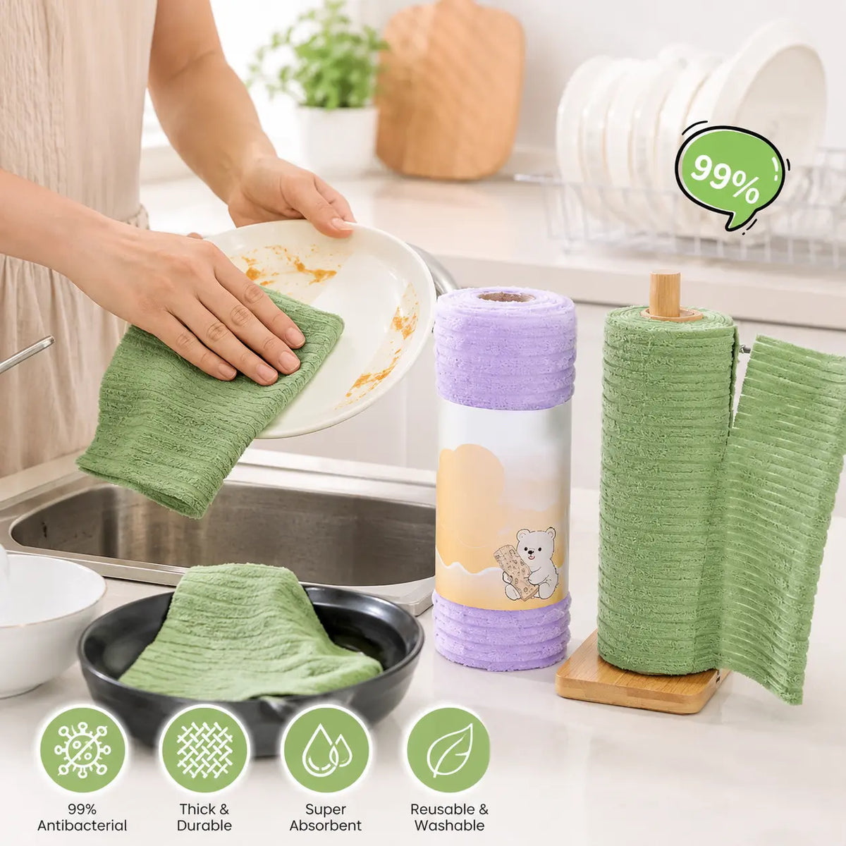 Tearable Reusable Cleaning Cloth Roll, Washable Absorbent Towels for Kitchen & Household Cleaning