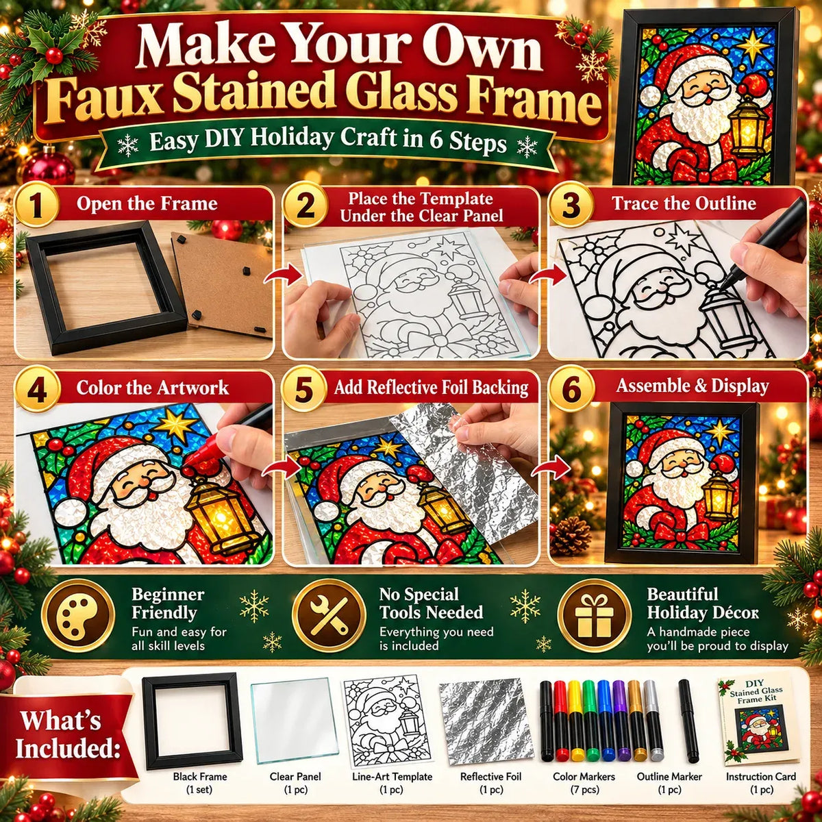 Beginner-Friendly Christmas Stained Glass-Style Frame Kit | 8 Festive Designs with Pens, Foil & Frame