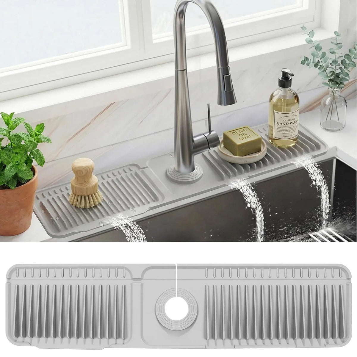 Silicone Faucet Splash Guard Mat - Sloped Drain Sink Water Catcher for Kitchen & Bathroom