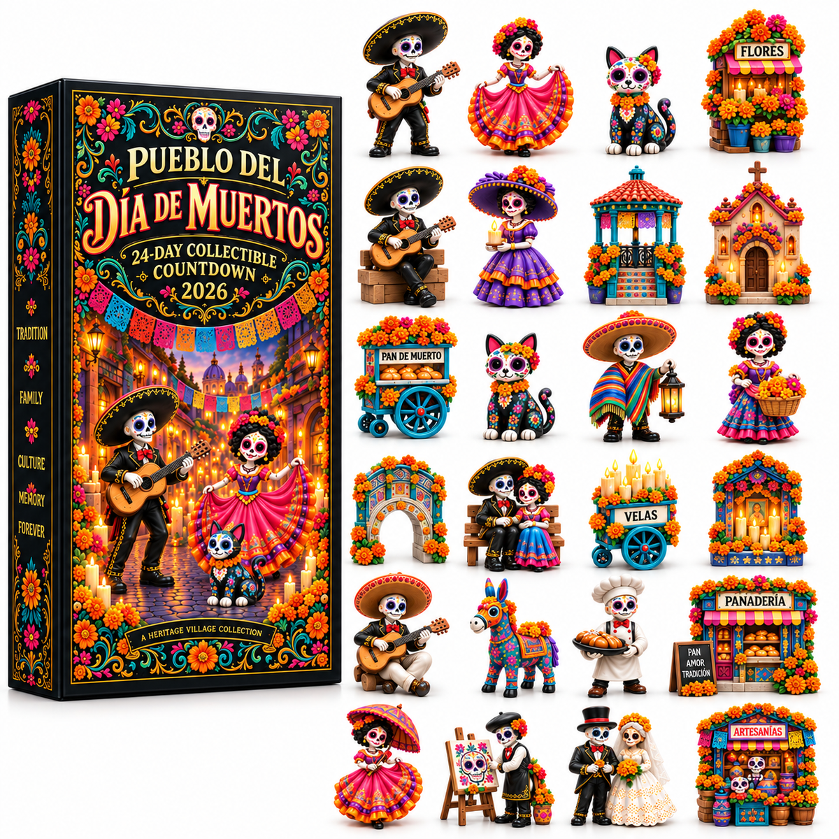 D a de los Muertos 24-Day Heritage Village Advent Calendar | Hand-Painted Mexican Keepsake