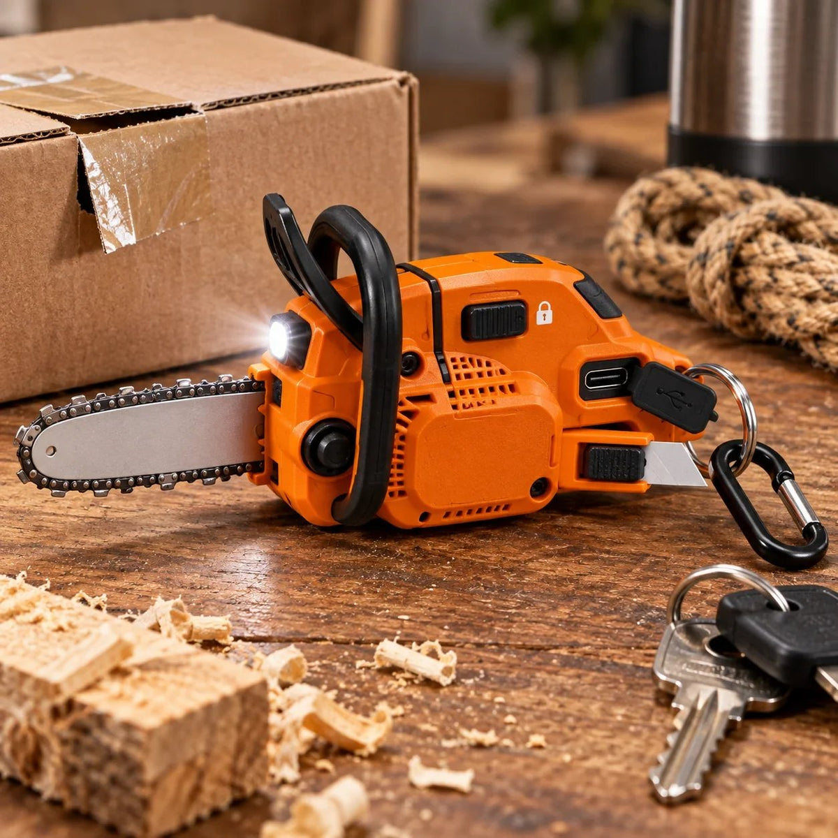 Mini Chainsaw Keychain Multi-Tool Rechargeable LED Flashlight & Retractable Utility Cutter