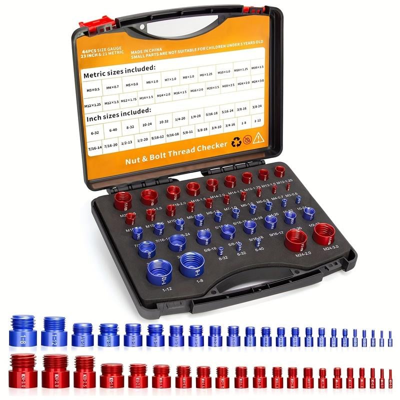Portable Bolt & Nut Size Gauge 44-Piece Inch & Metric Thread Checker, Clear Markings, Stainless Steel, Tool Box Included