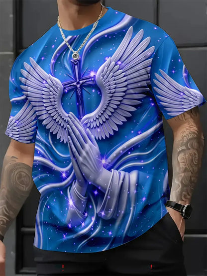Men's Religious Angel Wings Cross 3D T-Shirt | Faith-Inspired Short Sleeve Summer Tee