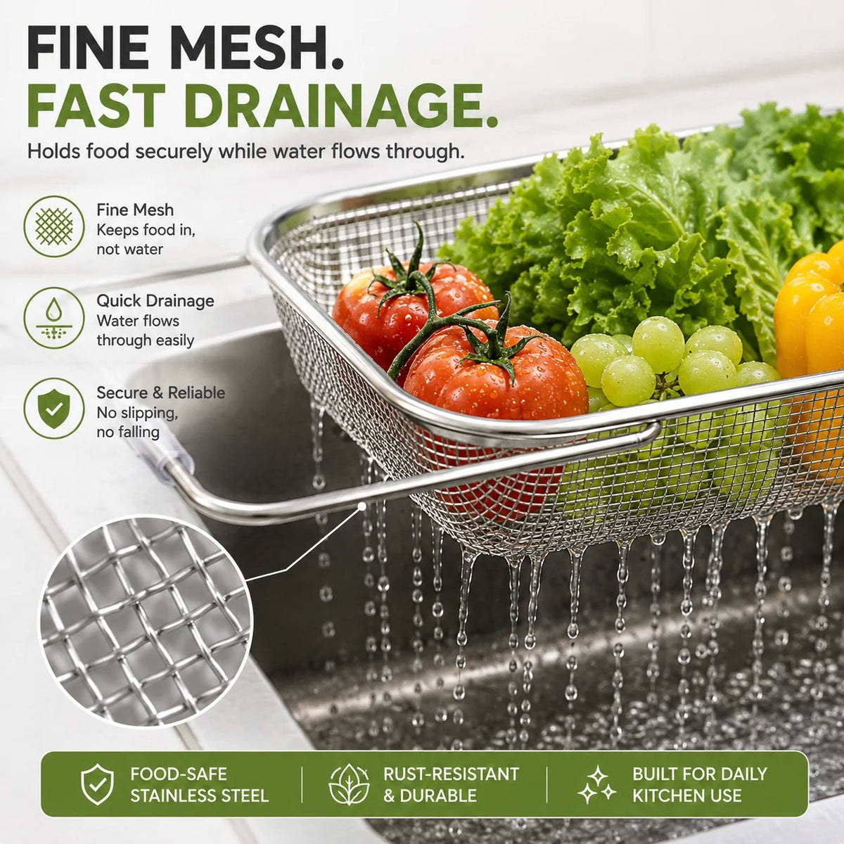 Expandable Over-the-Sink Colander Basket Wash, Drain & Dry with Ease