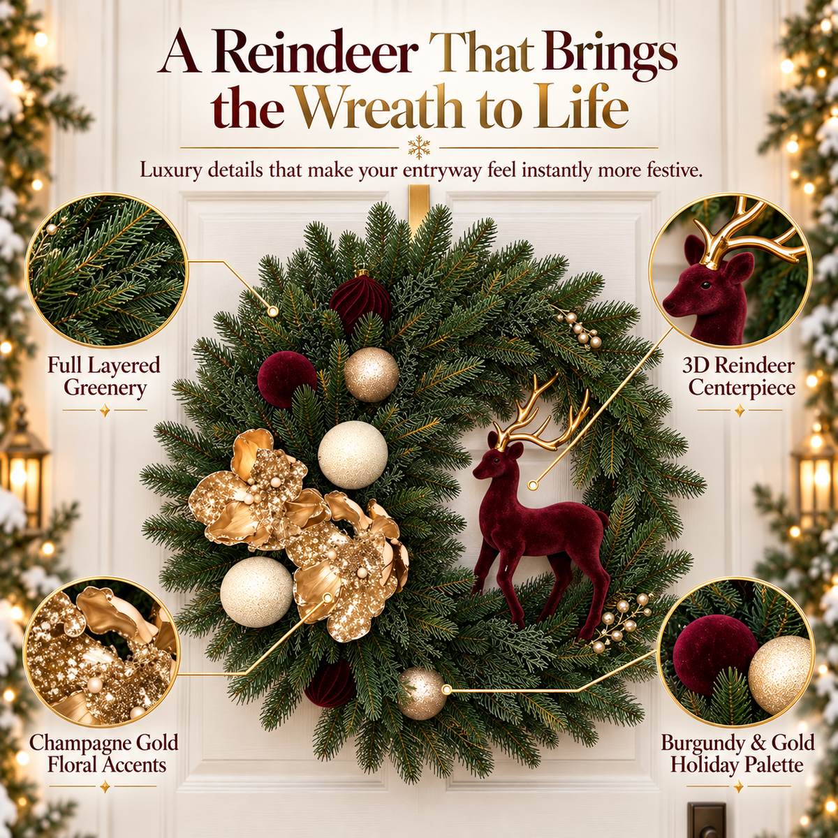 Luxury Burgundy Reindeer Christmas Wreath Elegant Champagne Gold Front Door Holiday Decor