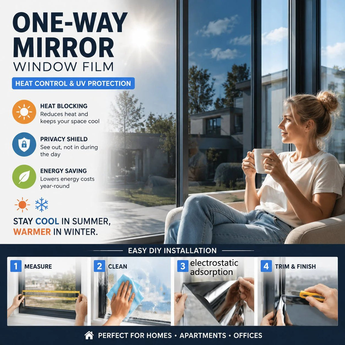 One-Way Mirror Window Film Heat Control & UV Protection
