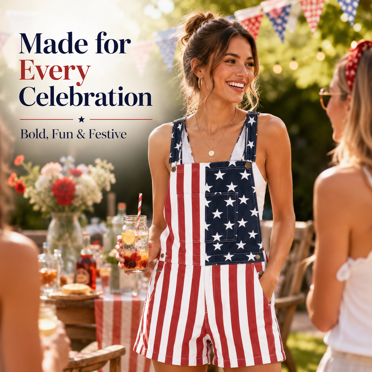 Men's and Women's American Flag Denim Overalls Stretch Shorts, Patriotic