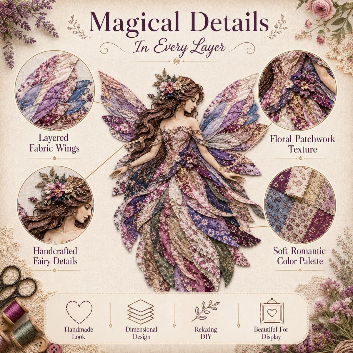 Premium Fairy Patchwork DIY Kit | High-Quality Layered Fabric with Floral Wings DIY Handmade Fantasy Wall Decor